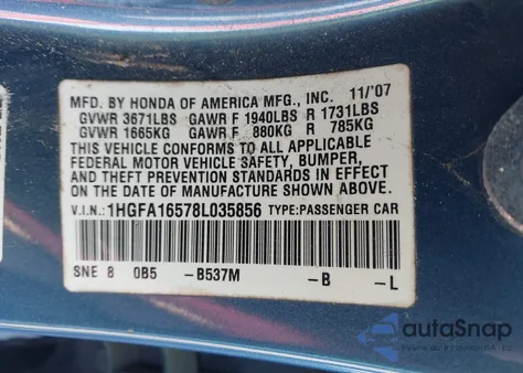 2008 Honda Civic Lx из США, поврежденный, VIN 1HGFA16578L035856